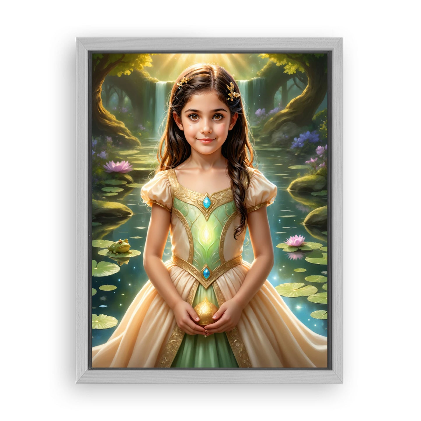 Save 33% When You Add A Frame To Your 18x24 'The Frog Princess by the Pond' Canvas Now
