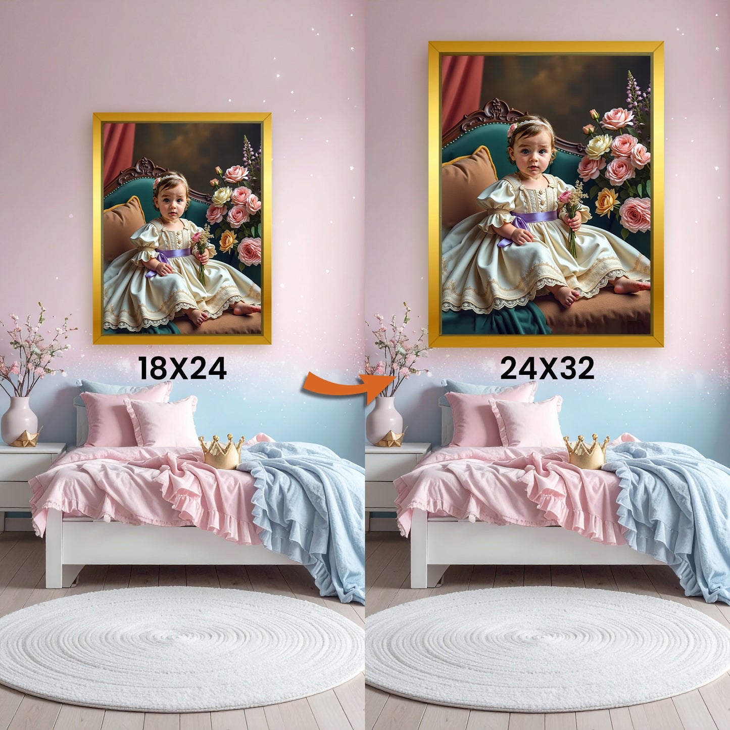 Make Your 18x24 Inches 'The Little Girl with Flowers' Canvas Even Bigger & More Magical, Get the Framed 24x32 Inches Canvas Upgrade!