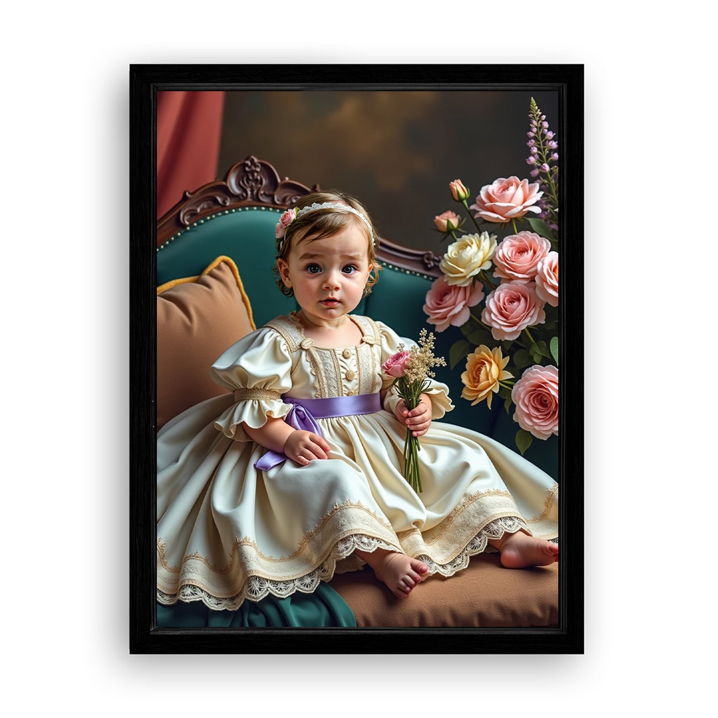 Save 33% When You Add A Frame To Your 12x16 'The Little Girl with Flowers' Canvas Now